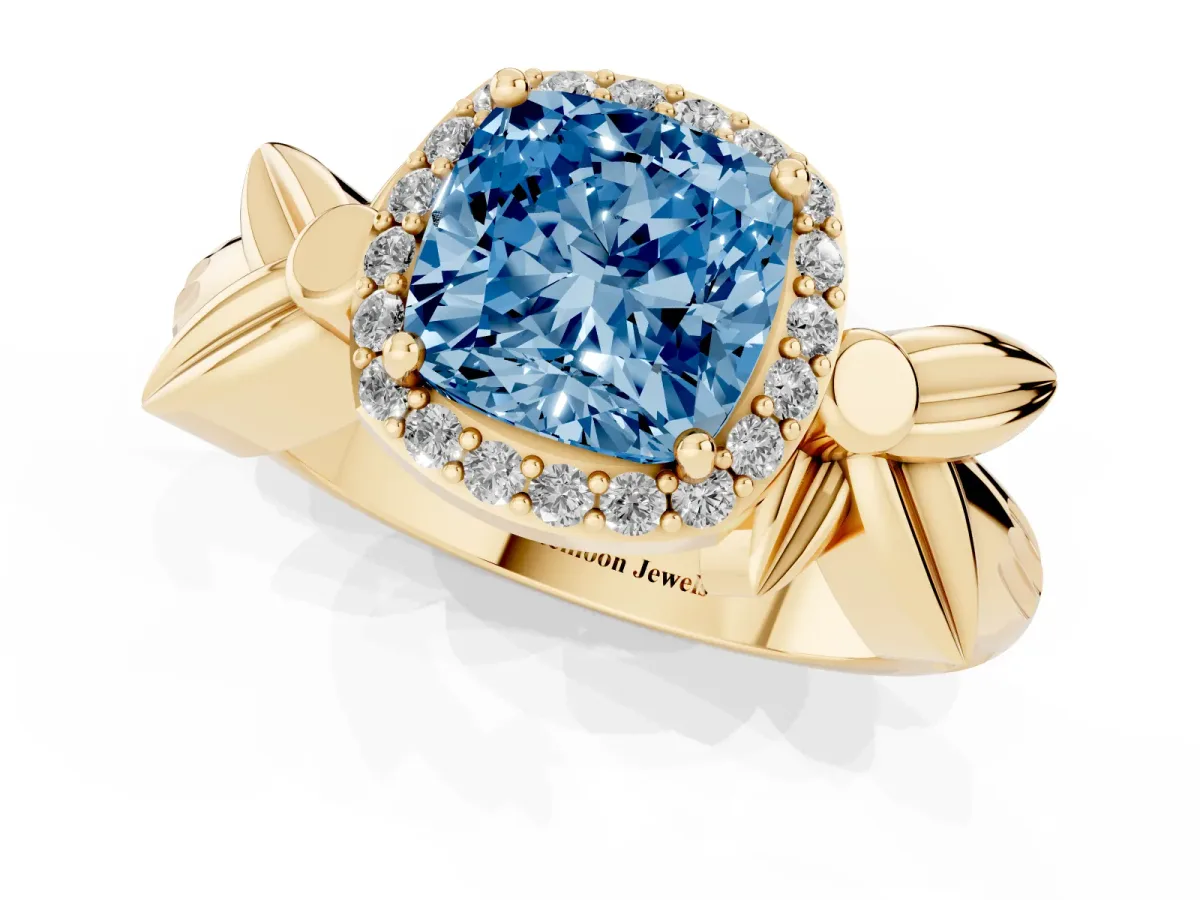 Fancy Blue Cushion Cut Halo Diamond Floral Band with Four-Prong Setting Yellow gold