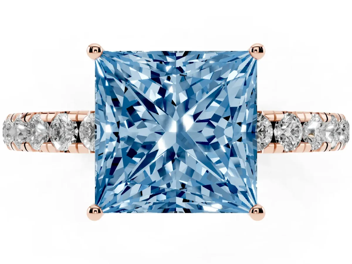 Fancy Blue Princess Cut Diamond Pavé Solitaire Engagement Ring with Four-Prong Setting Rose gold