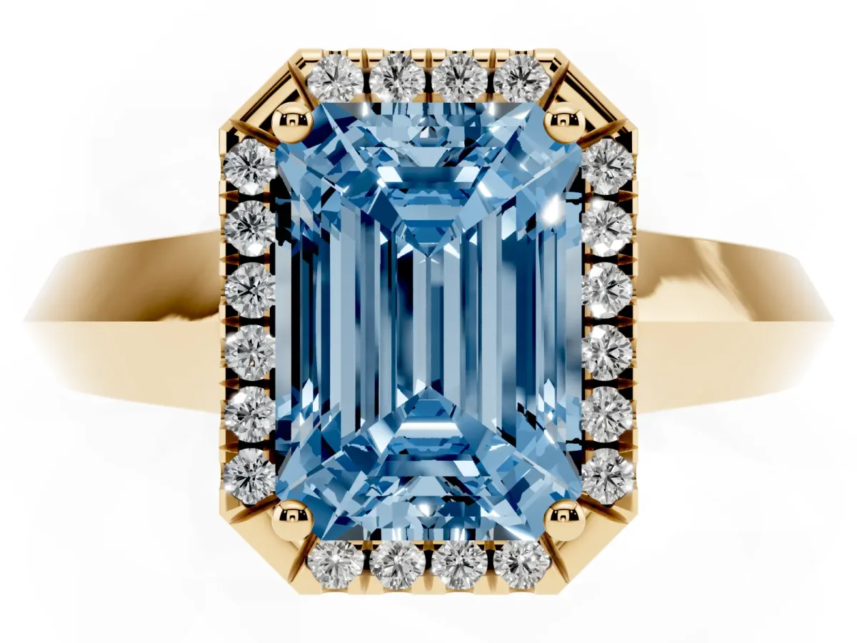 Fancy Blue Emerald Cut Halo Diamond Ring with Cathedral Band and Four-Prong Setting Yellow gold