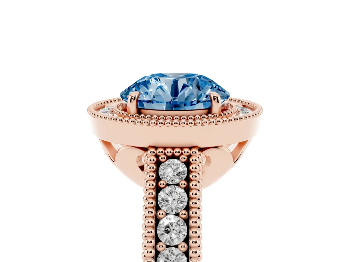 Fancy Blue Round Cut Cut Halo Diamond Ring with Pavé Band and Four-Prong Setting Rose gold
