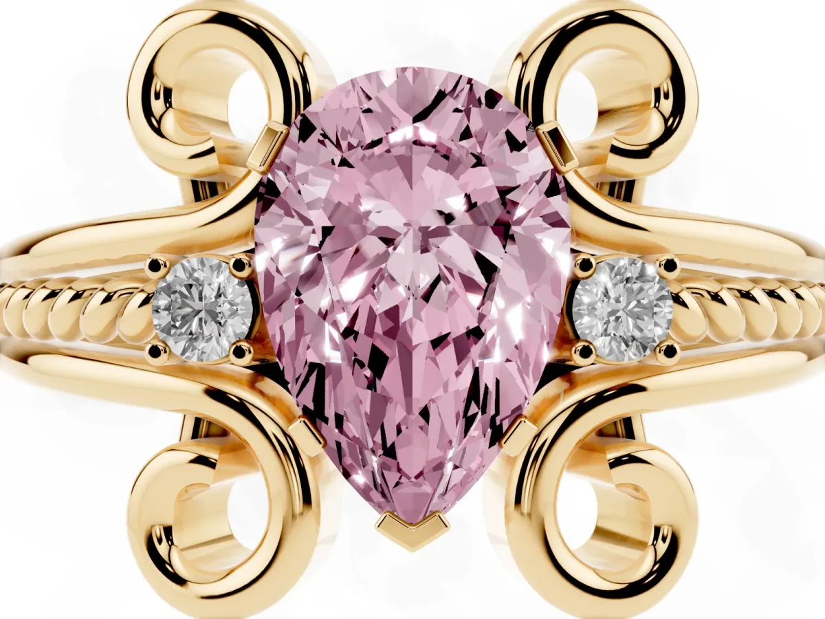 Fancy Pink Pear Cut Solitaire Twisted Band Scroll Prong Ring Yellow gold
