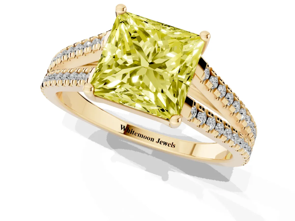 Fancy Yellow Princess Cut Diamond Solitaire Engagement Ring with Split Shank Pavé Band Yellow gold
