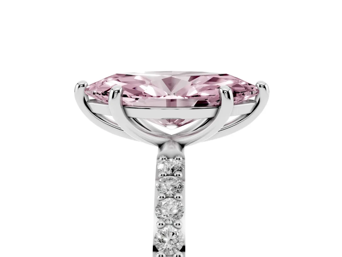 Fancy Pink Marquise Cut Diamond Solitaire Ring with Round Pavé Band and Prong Setting Silver
