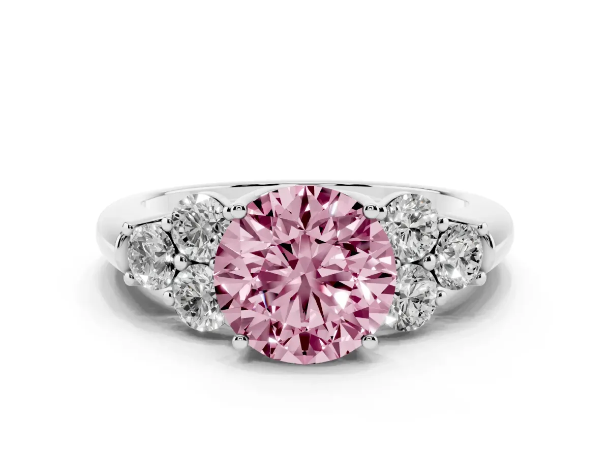 Fancy Pink Round Cut Cut Diamond Cluster Ring with Round Accent Stones and Prong Setting on a Classic Band White gold