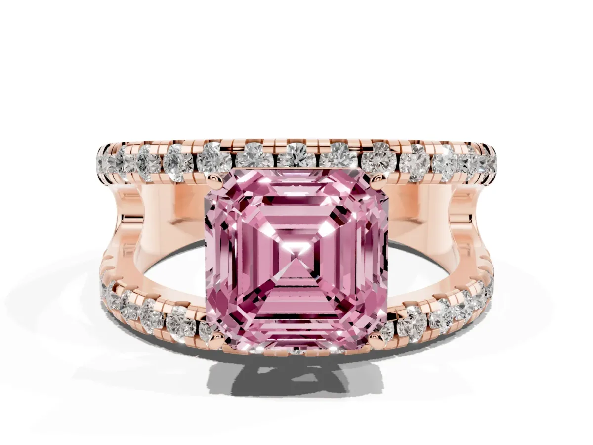 Fancy Pink Asscher Cut Solitaire Split Shank Pave Diamond Ring Rose gold