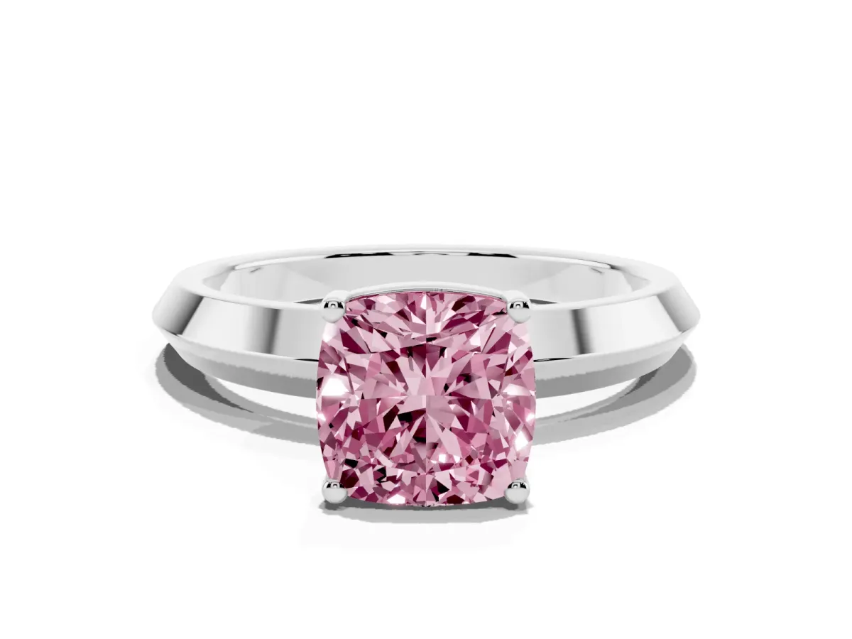Fancy Pink Cushion Cut Cut Solitaire Engagement Ring with Flat Band and Four-Prong Setting Silver