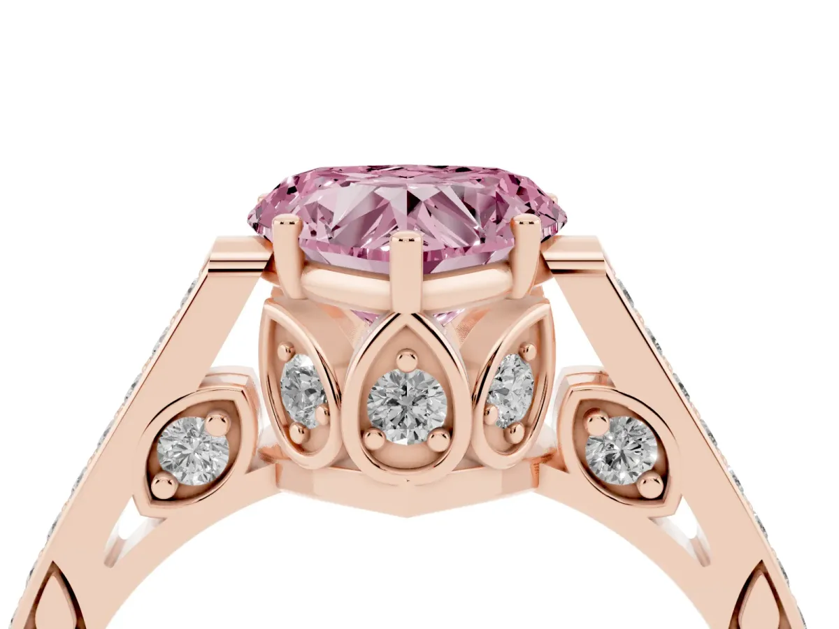 Fancy Pink Heart Cut Cut Cathedral Pave Diamond Engagement Ring with Six-Prong Setting Rose gold