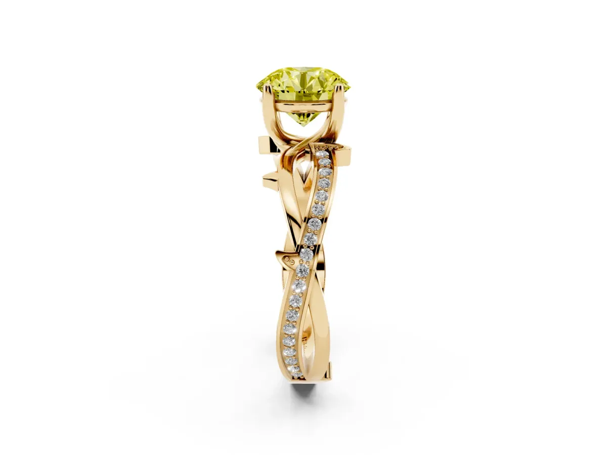 Fancy Yellow Round Cut Solitaire Twist Band with Pavé Accents and Four-Prong Setting Yellow gold