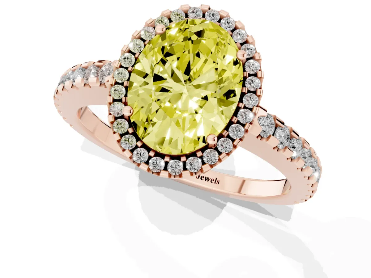 Fancy Yellow Oval Cut Diamond Halo Engagement Ring with Pavé Band and Prong Setting Rose gold