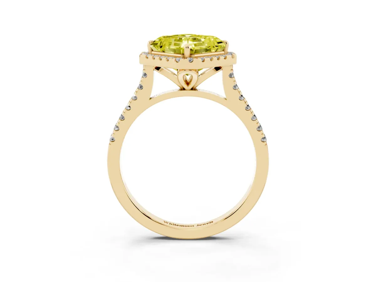 Fancy Yellow Asscher Cut Diamond Cushion Halo Ring with Pavé Band Yellow gold