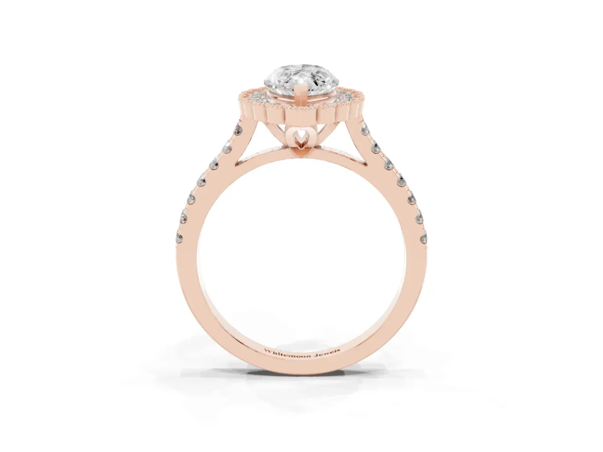 Marquise Cut Cut Diamond Milgrain Floral Halo Engagement Ring with Pavé Band Rose gold