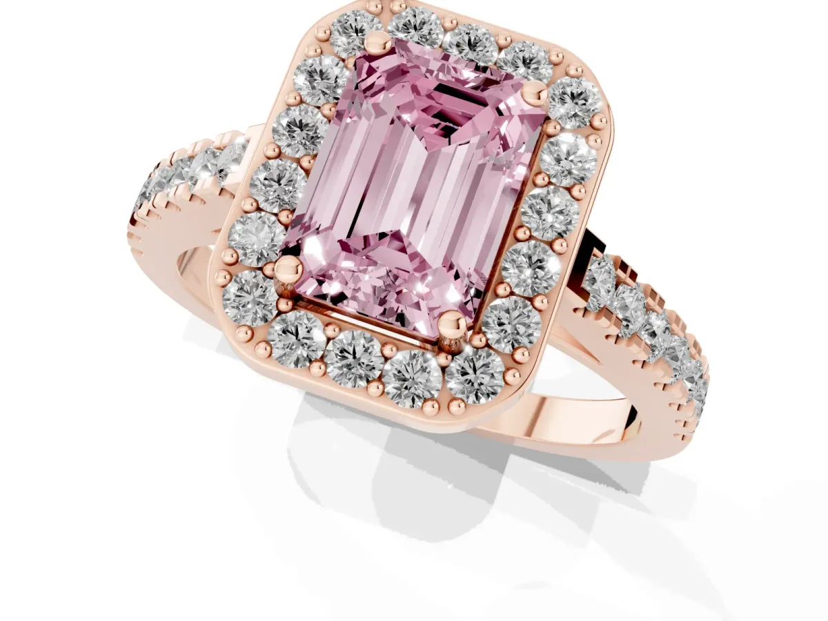 Fancy Pink Emerald Cut Diamond Halo Ring with Round Pavé Split Shank and Prong Setting Rose gold