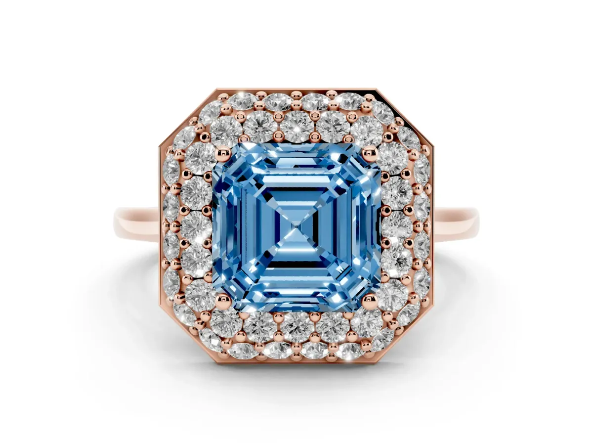 Fancy Blue Asscher Cut Halo Diamond Engagement Ring with Solitaire Band and Four-Prong Setting Rose gold