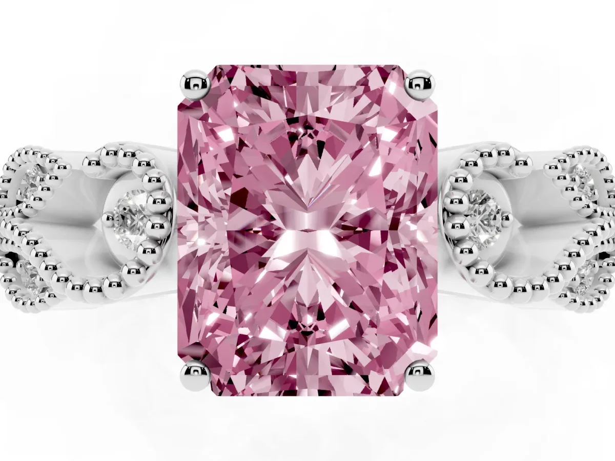 Fancy Pink Princess Cut Solitaire Milgrain Leaf Band with Prong Setting Silver