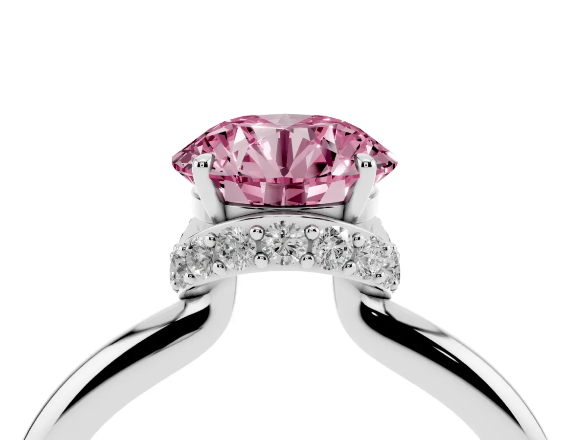 Fancy Pink Round Cut Brilliant Solitaire Engagement Ring with Six-Prong Setting and Classic Band White gold
