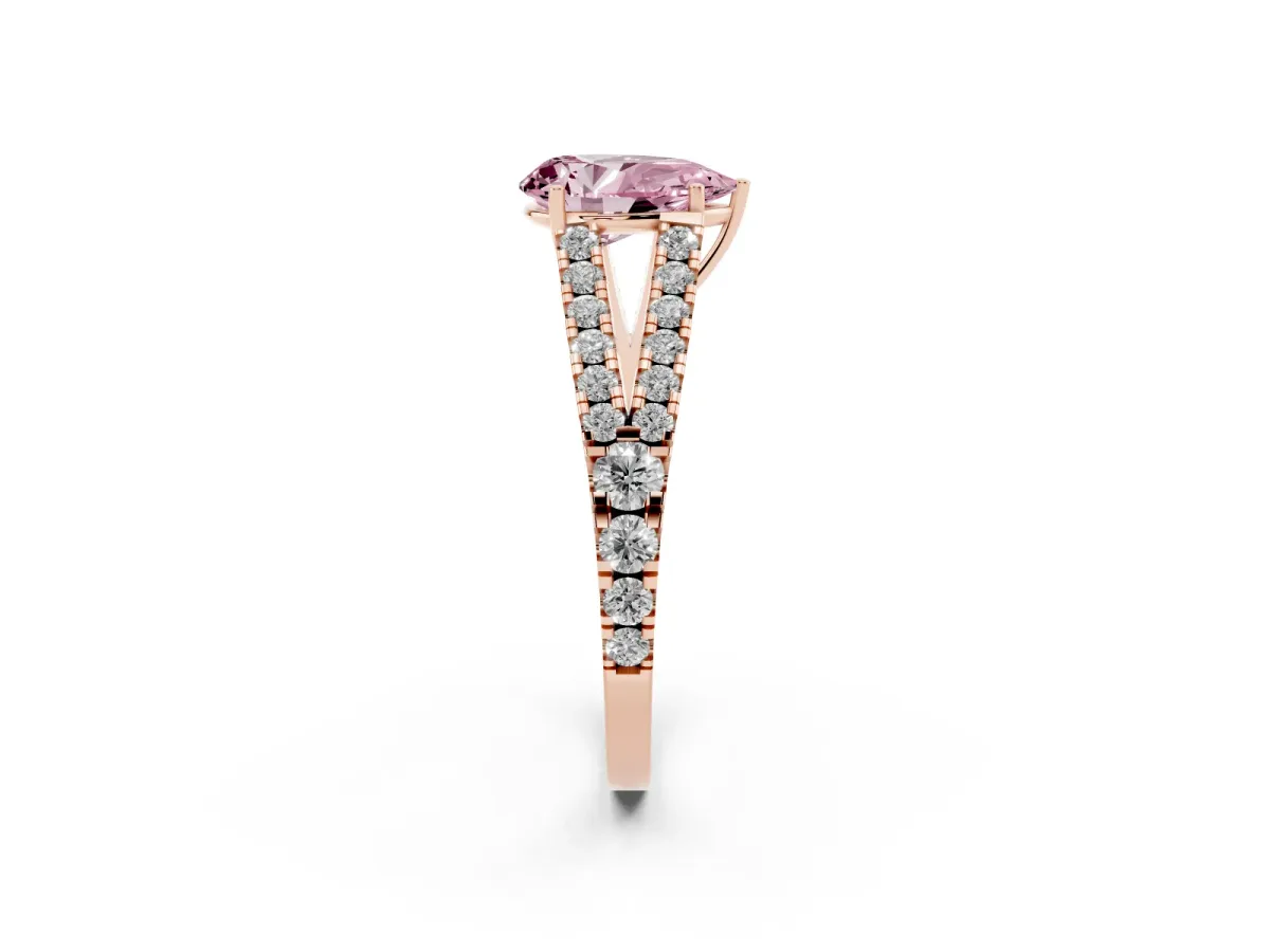 Fancy Pink Pear Cut Diamond Split Shank Engagement Ring with Round Pavé and Prong Setting Rose gold
