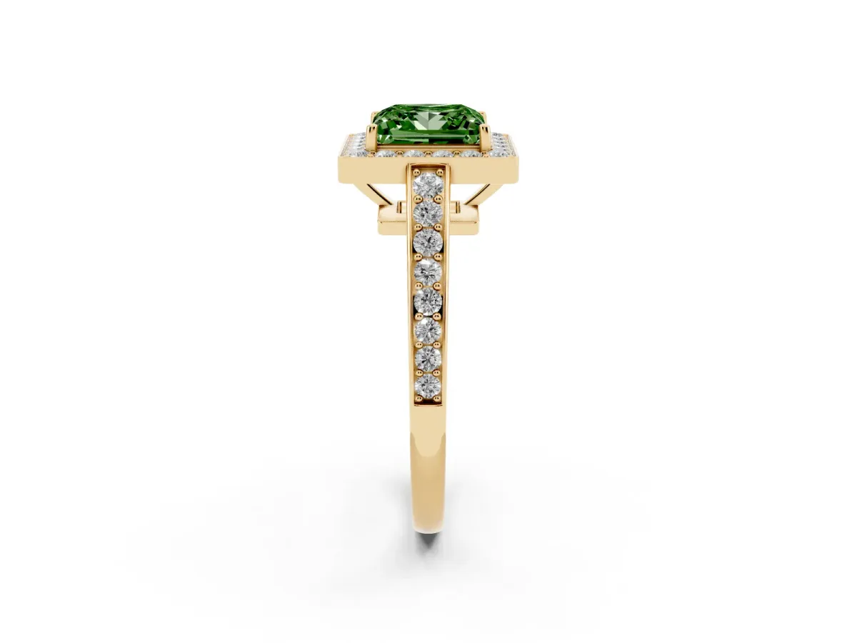 Fancy Green Princess Cut Halo Pavé Diamond Engagement Ring with Bezel Setting Yellow gold
