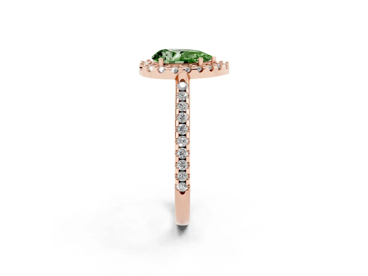 Fancy Green Pear Cut Diamond Pavé Halo Ring with Four-Prong Setting Rose gold