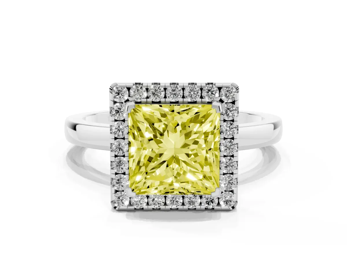 Fancy Yellow Princess Cut Halo Diamond Solitaire with Pavé Band and Four-Prong Setting White gold
