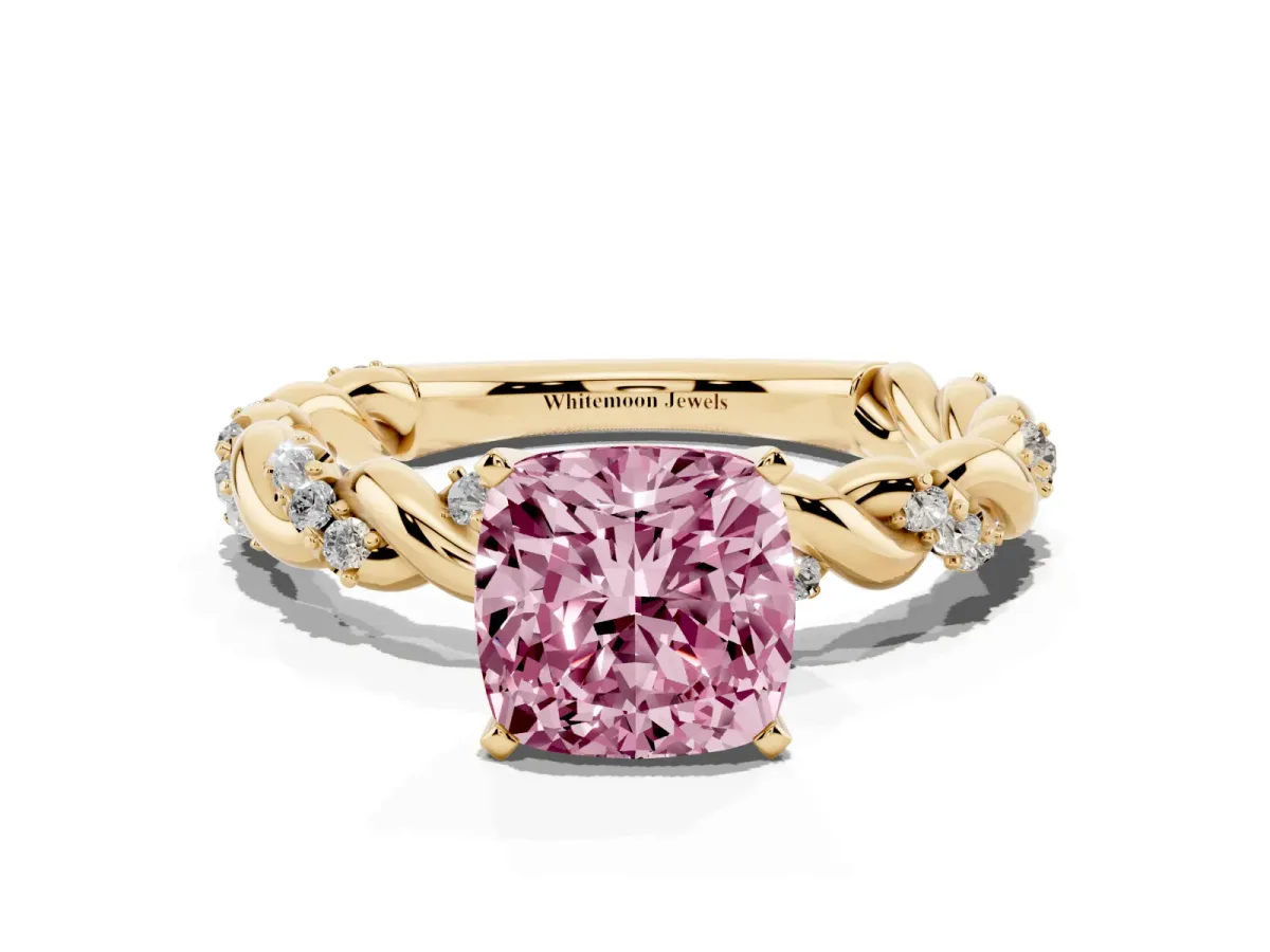 Fancy Pink Cushion Cut Diamond Solitaire Ring with Twisted Band and Pavé Accents Yellow gold