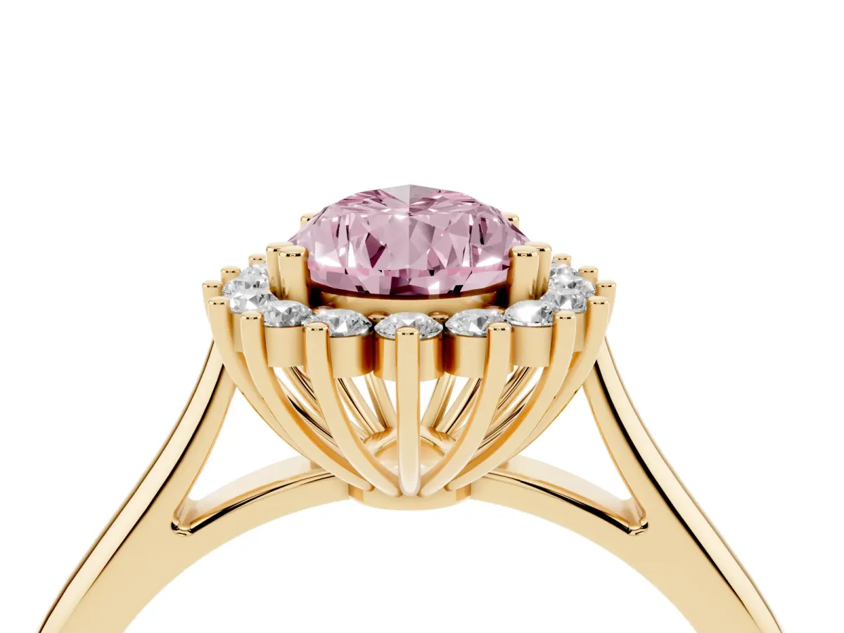 Fancy Pink Pear Cut Cut Diamond Halo Ring with Solitaire Band and Prong Setting Yellow gold