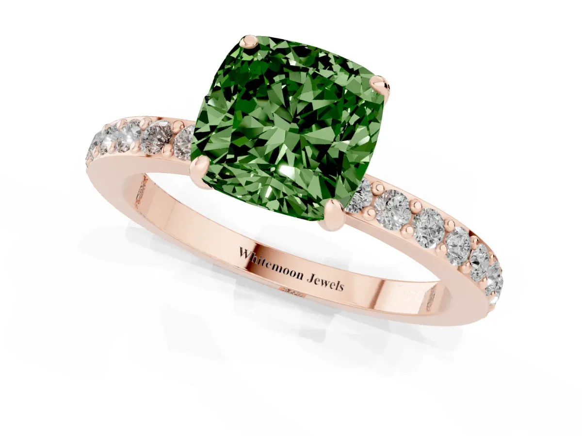 Fancy Green Cushion Cut Diamond Pavé Engagement Ring with Round Accents and Prong Setting Rose gold