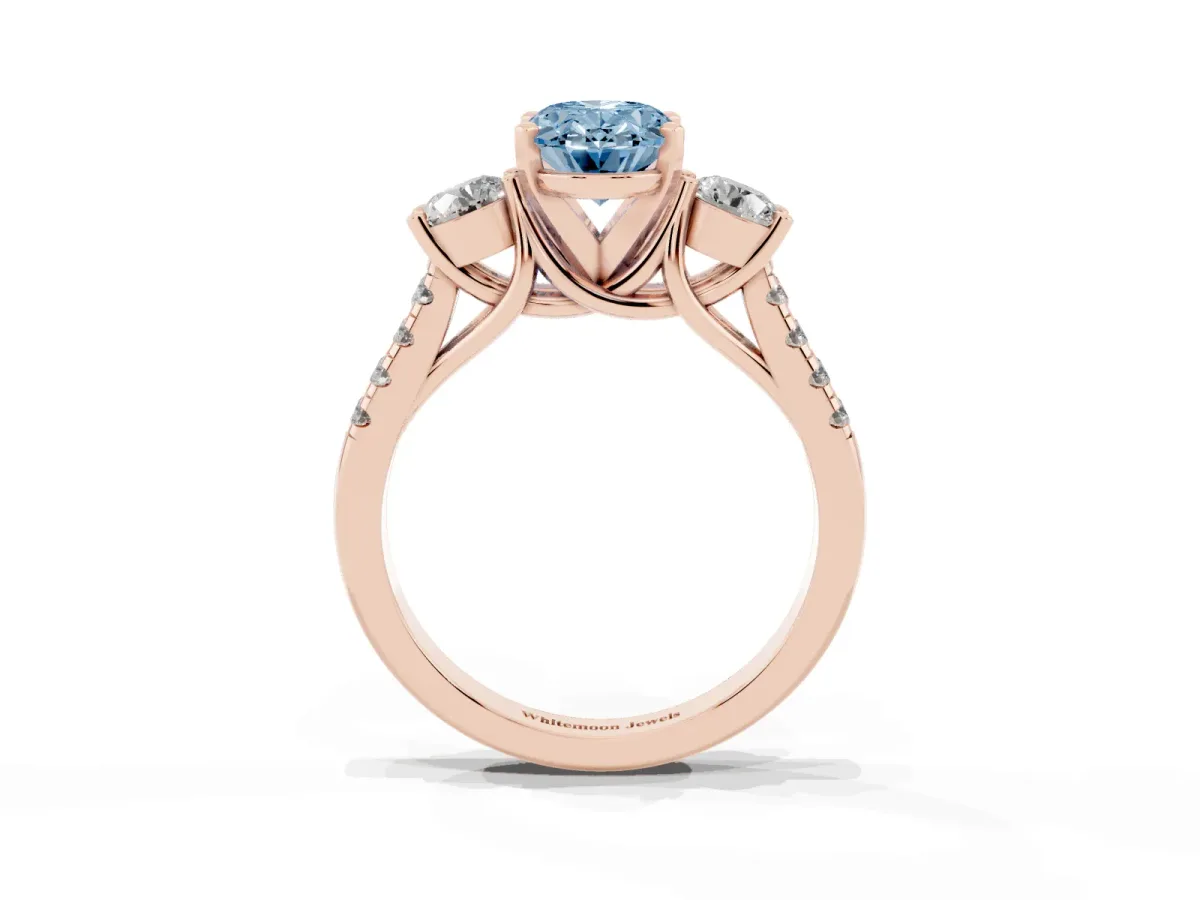 Fancy Blue Three-Stone Oval Cut Diamond Pavé Band with Four-Prong Setting Rose gold