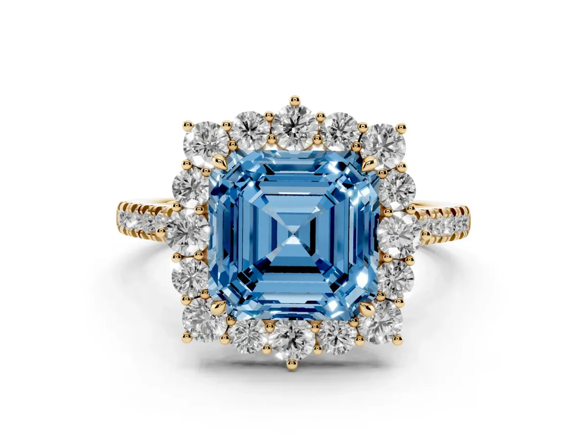 Fancy Blue Asscher Cut Halo Diamond Ring with Pavé Band and Prong Setting Yellow gold