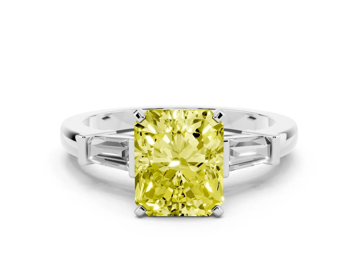 Fancy Yellow Radiant Cut Cut Diamond Solitaire Ring with Tapered Baguette Accents and Four-Prong Setting White gold