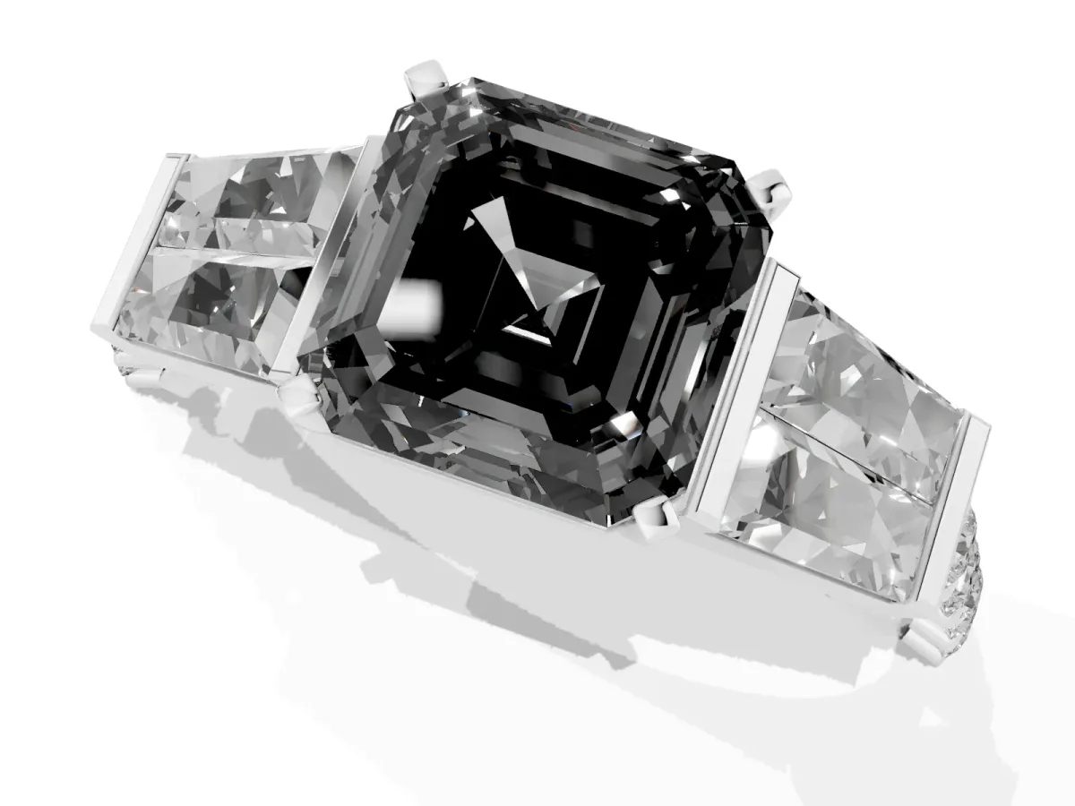 Fancy Black Asscher Cut Diamond Engagement Ring with Baguette Side Stones and Channel Set Band Silver