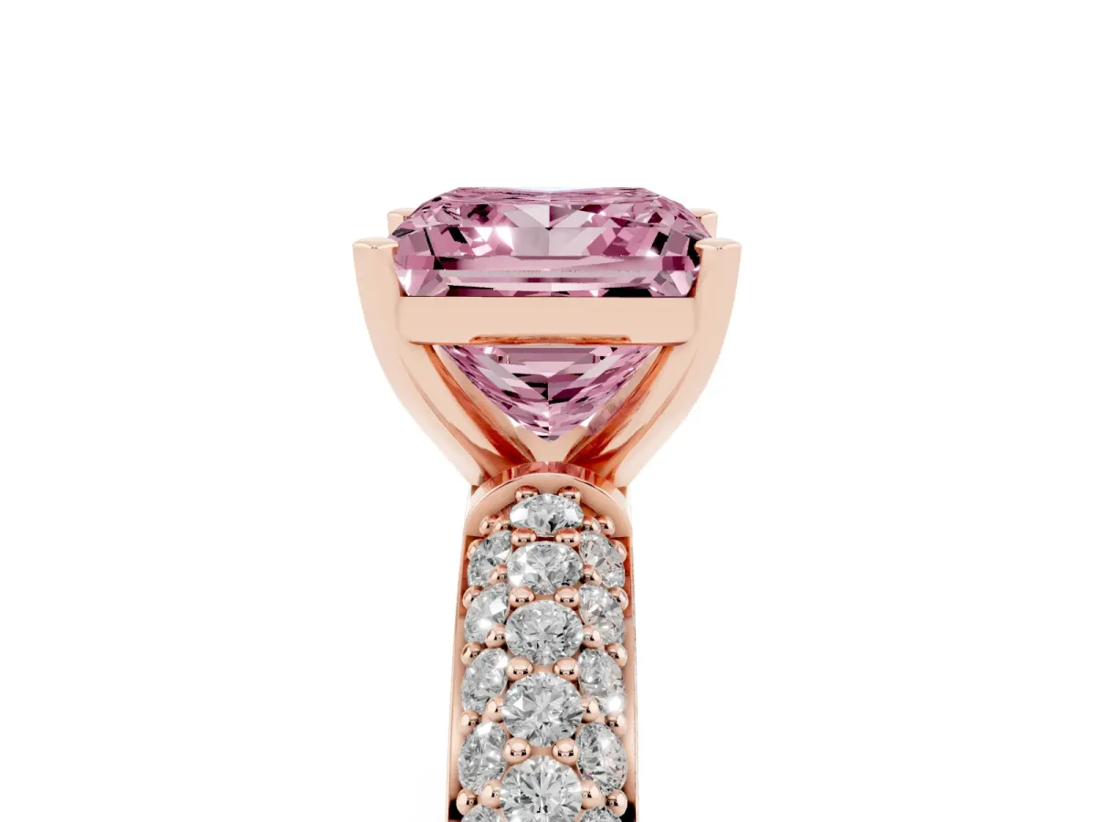 Fancy Pink Princess Cut Diamond Solitaire Ring with Prong Setting and Pavé Band Rose gold