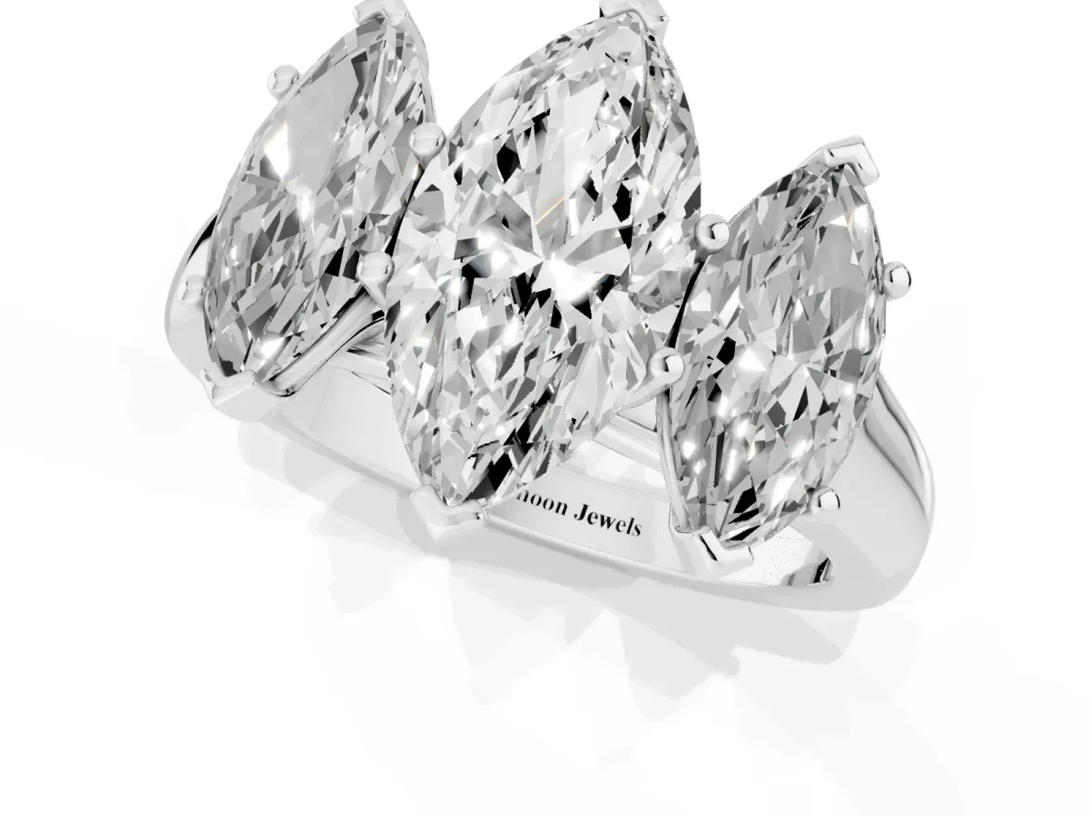 Marquise Cut Three-Stone Diamond Ring with Prong Setting on a Classic Band Silver