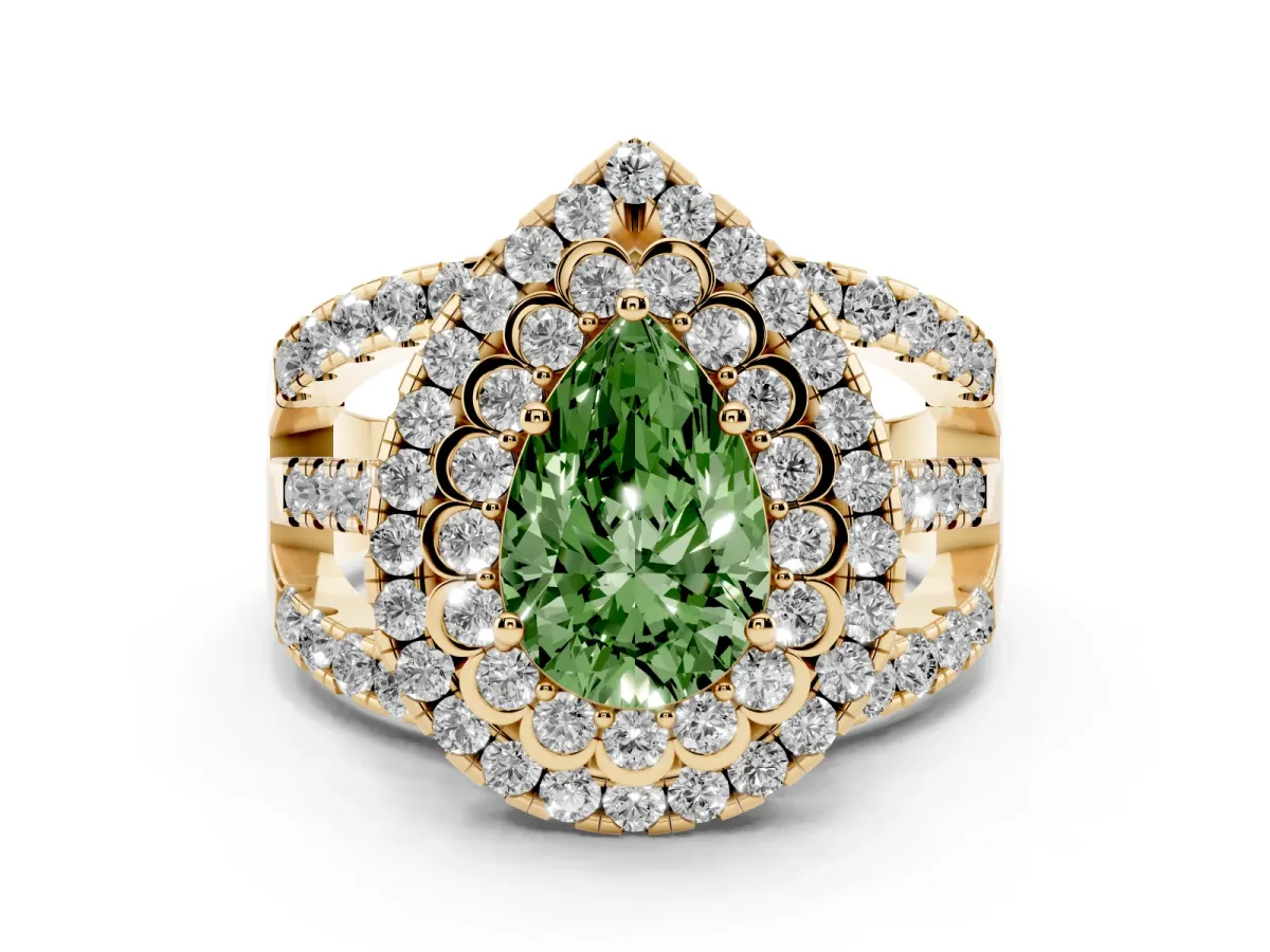 Fancy Green Pear Cut Diamond Double Halo Ring with Round Pavé Split Shank and Prong Setting Yellow gold