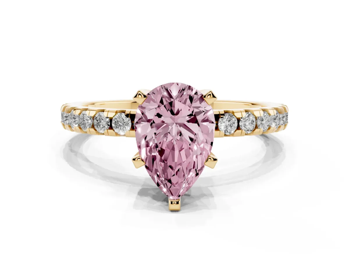Fancy Pink Pear Cut Diamond Solitaire Ring with Round Pavé Band and Four-Prong Setting Yellow gold