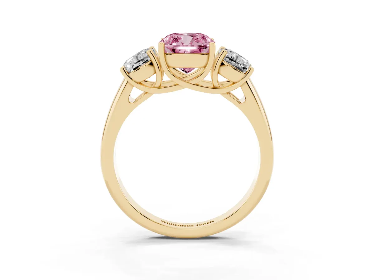 Fancy Pink Three-Stone Cushion Cut Diamond Engagement Ring with Prong Setting Yellow gold