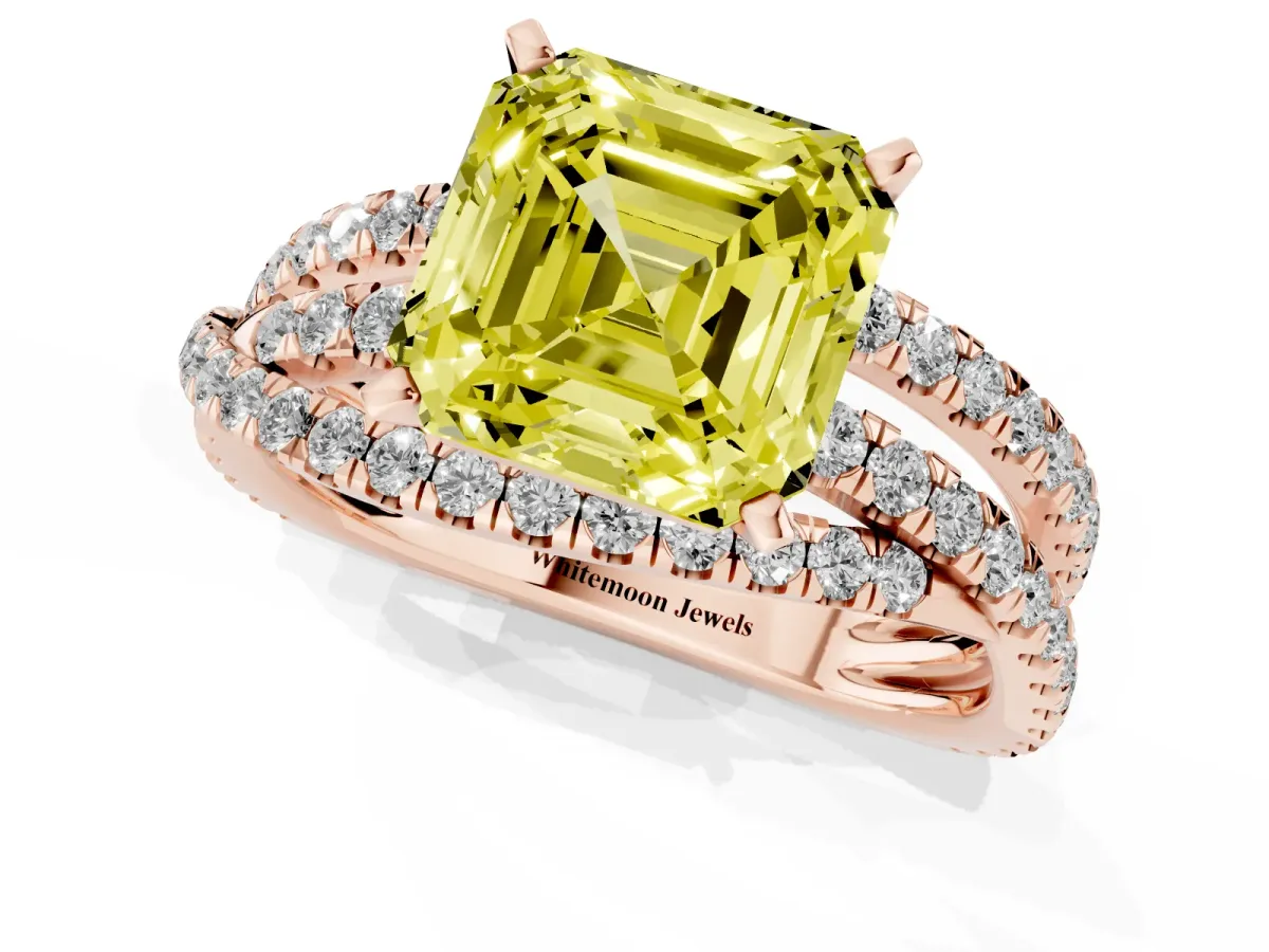 Fancy Yellow Asscher Cut Solitaire Twist Band with Pavé Setting and Four-Prong Setting Rose gold