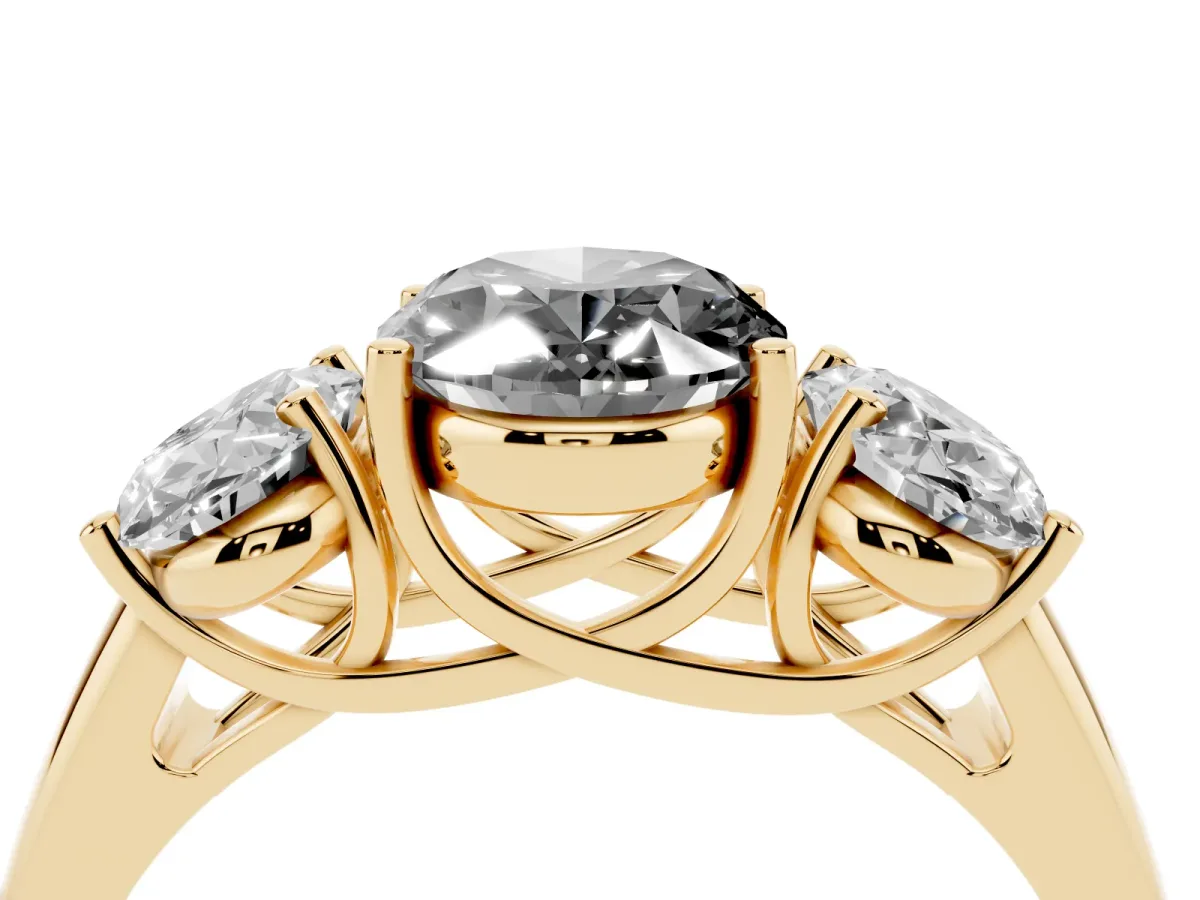 Fancy Black Three-Stone Oval Cut Diamond Engagement Ring with Prong Setting Yellow gold