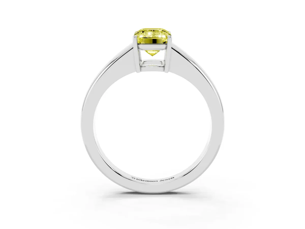Fancy Yellow Emerald Cut Solitaire Diamond Ring with Tapered Band and Four-Prong Setting Silver