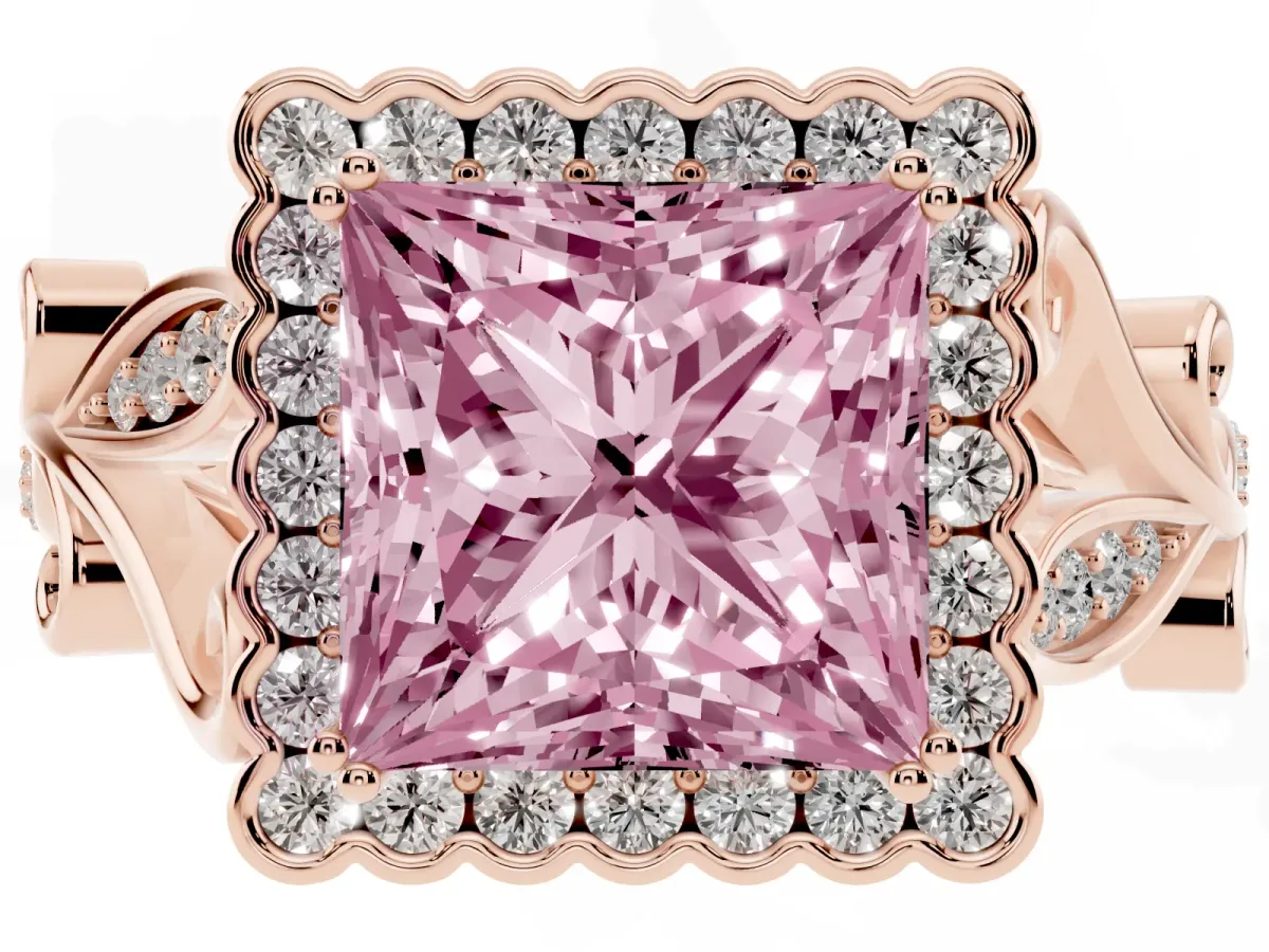 Fancy Pink Princess Cut Diamond Halo Ring with Vintage Split Shank and Four-Prong Setting Rose gold