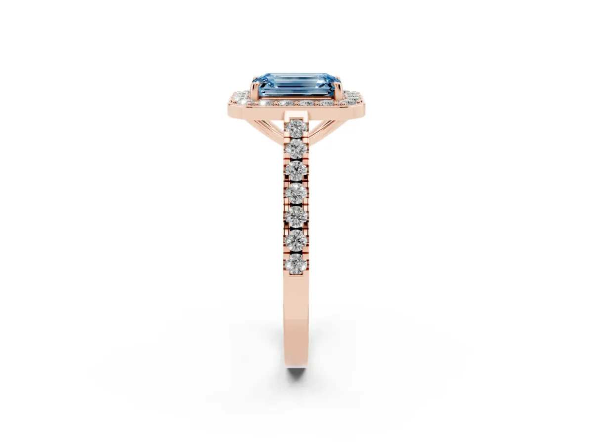Fancy Blue Emerald Cut Diamond Halo Ring with Round Pavé Split Shank and Prong Setting Rose gold