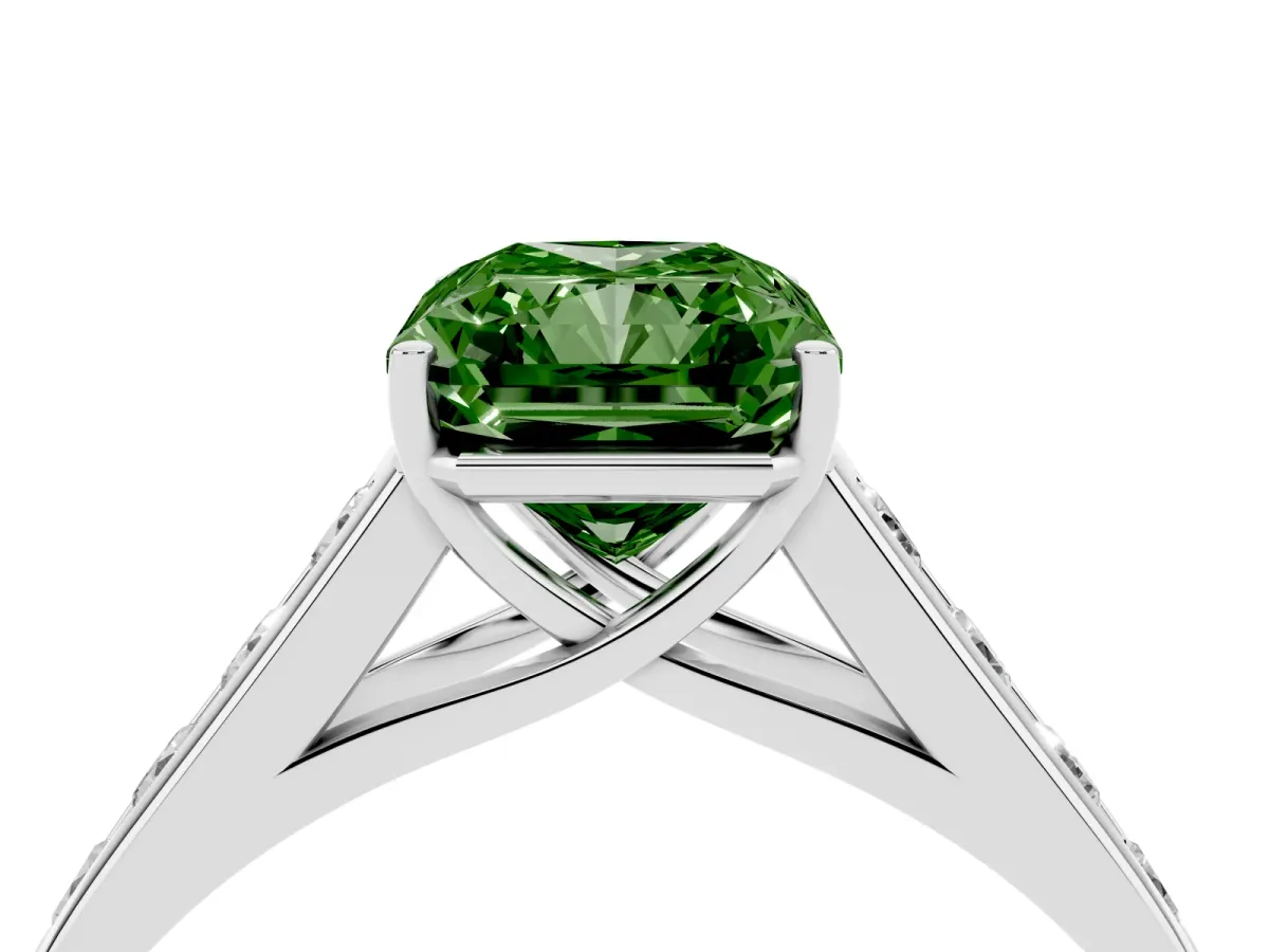 Fancy Green Radiant Cut Solitaire Channel-Set Diamond Engagement Ring with Four-Prong Setting Silver