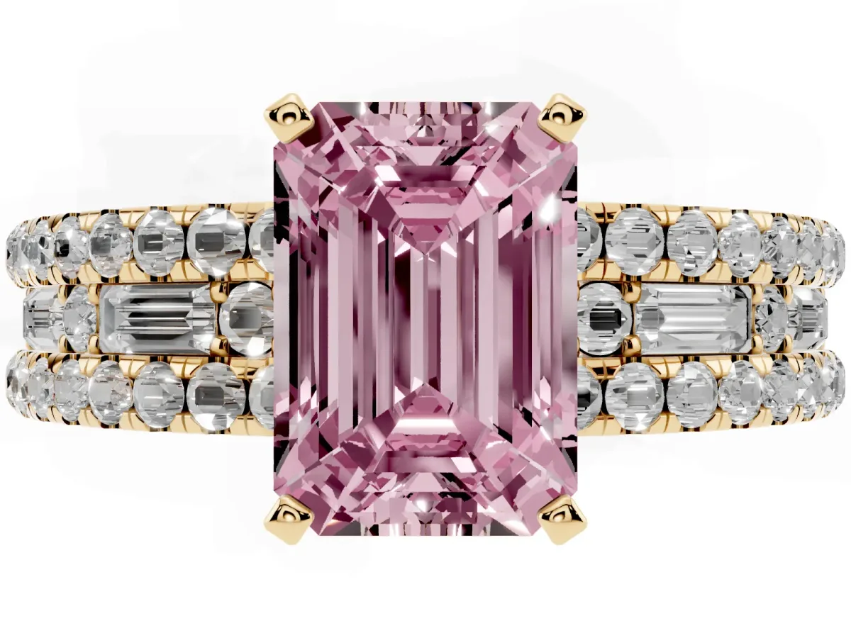 Fancy Pink Emerald Cut Diamond Solitaire Ring with Pavé and Channel Set Band Yellow gold