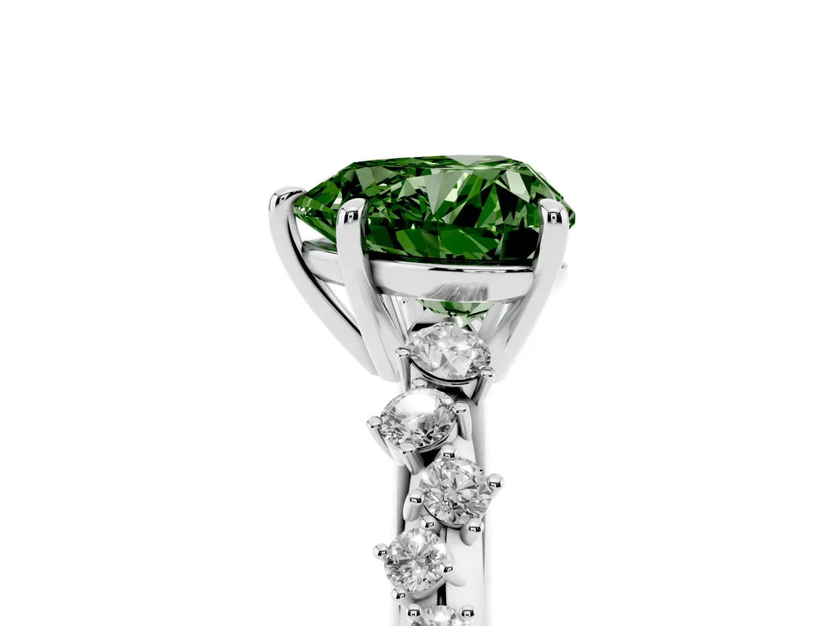 Fancy Green Heart Cut Diamond Cluster Side Stone Solitaire Ring with Prong Setting Platinum
