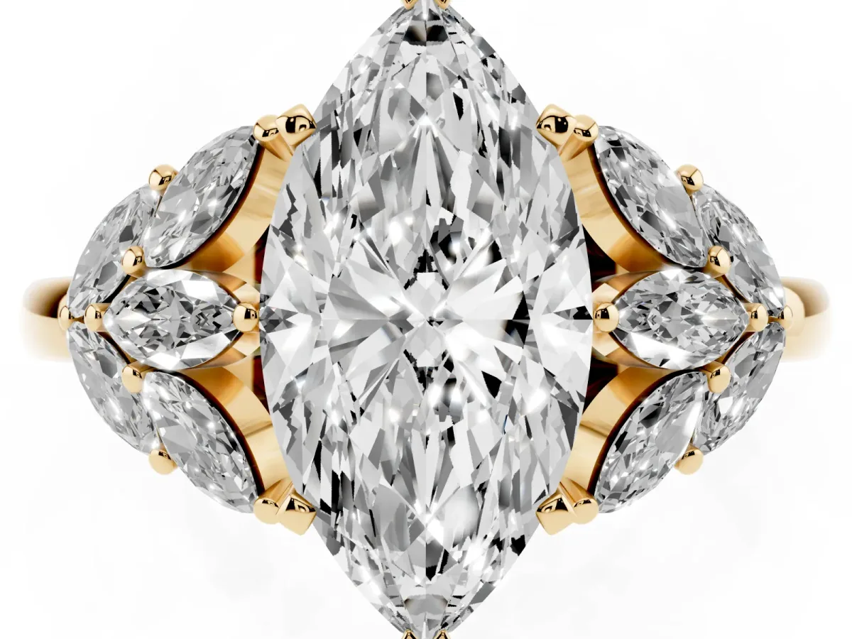 Marquise Cut Diamond Cluster Leaf Design Ring with Prong Setting Yellow gold