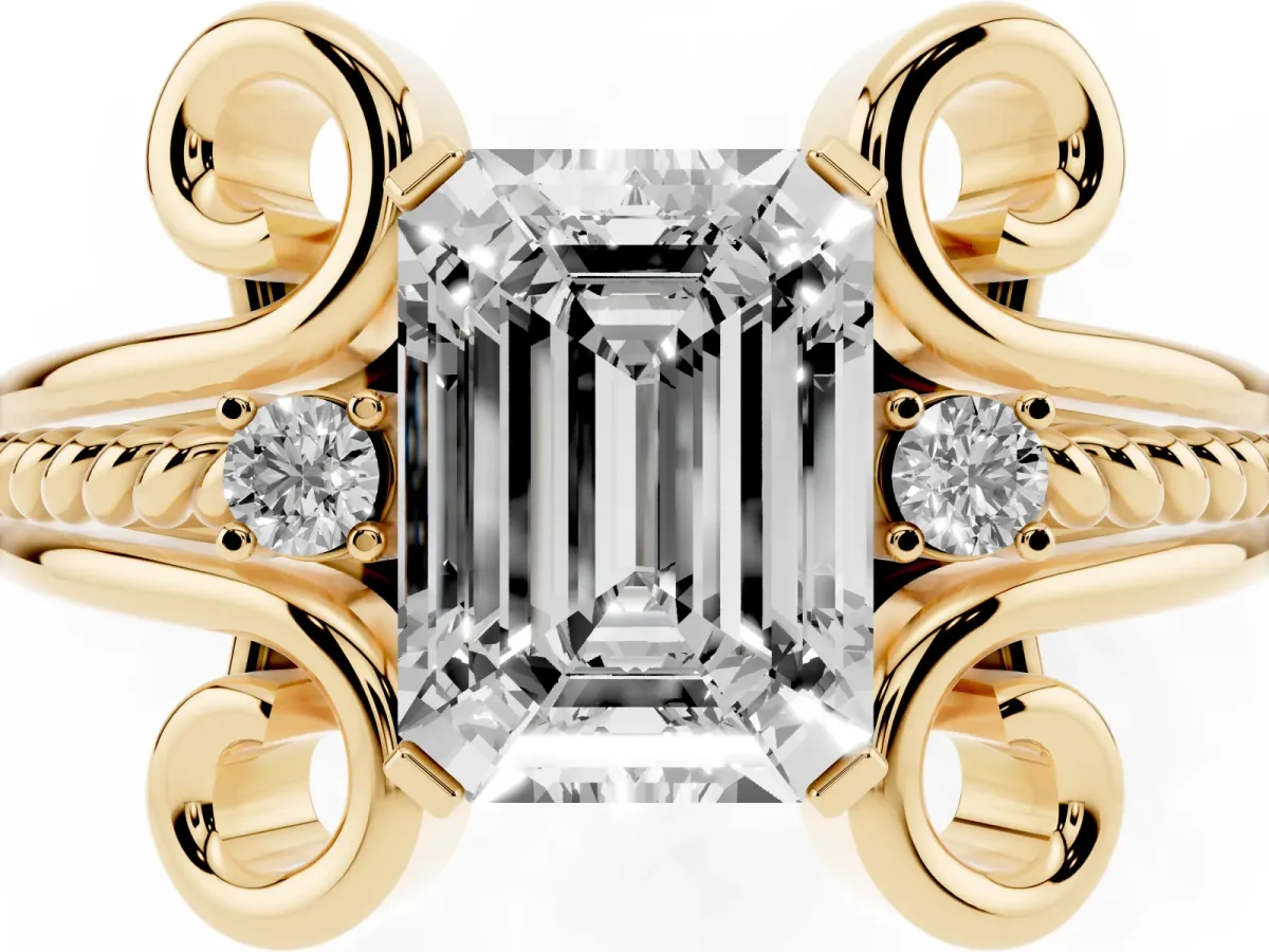 Emerald Cut Solitaire Twisted Band Scroll Prong Ring Yellow gold