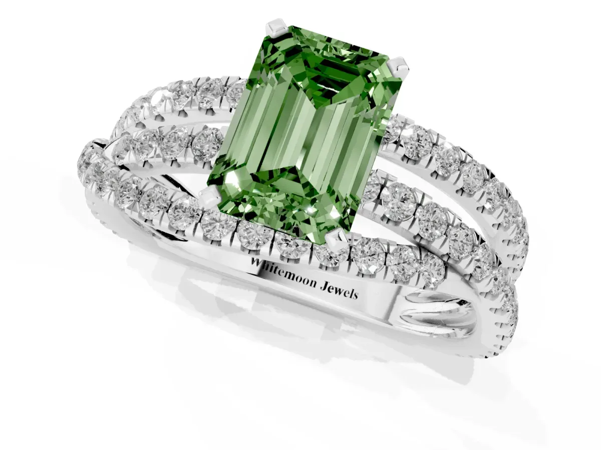 Fancy Green Emerald Cut Solitaire Twist Band with Pavé Setting and Four-Prong Setting Silver