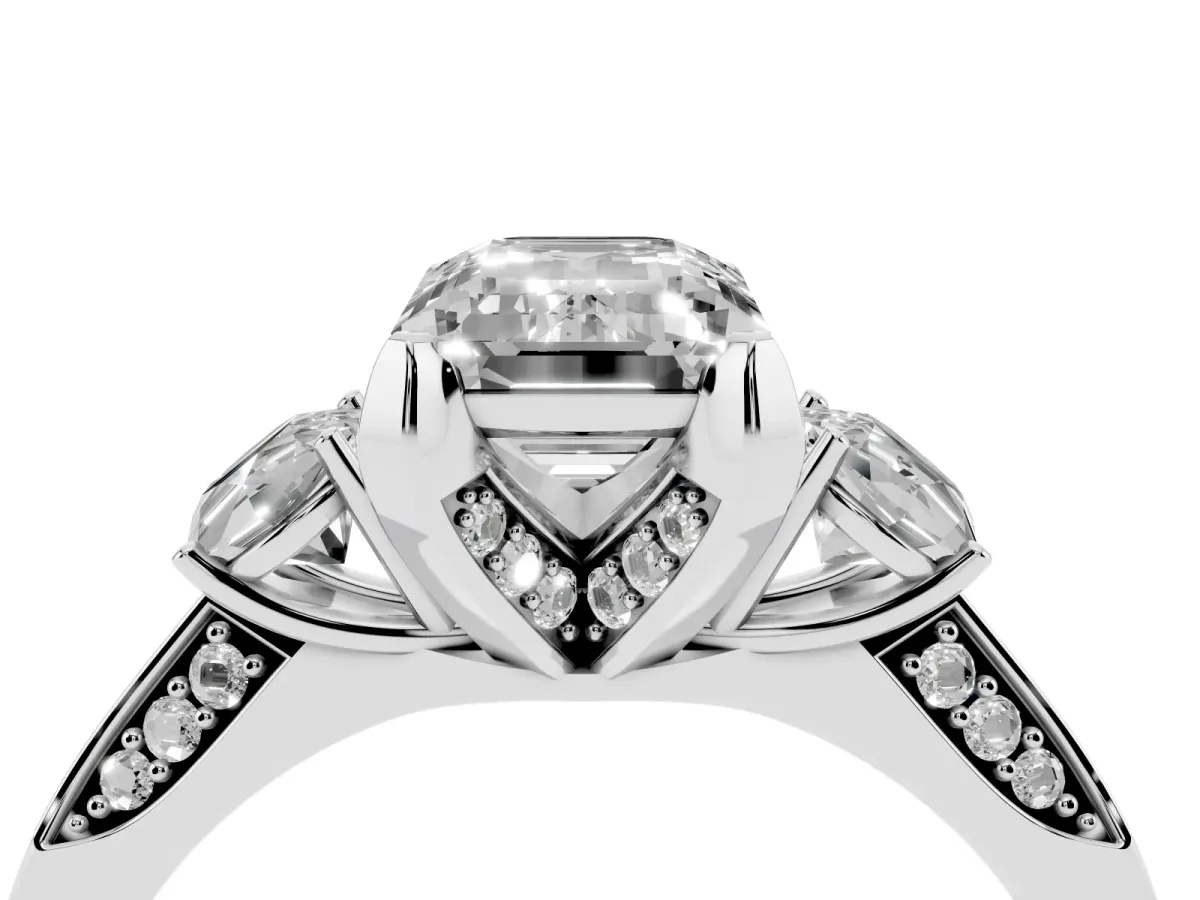 Emerald Cut Brilliant Three-Stone Diamond Ring with Pavé Band and Four-Prong Setting White gold