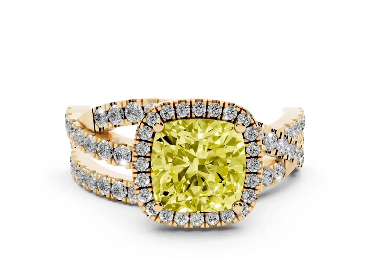 Fancy Yellow Cushion Cut Diamond Halo Ring with Round Split Shank and Prong Setting Yellow gold