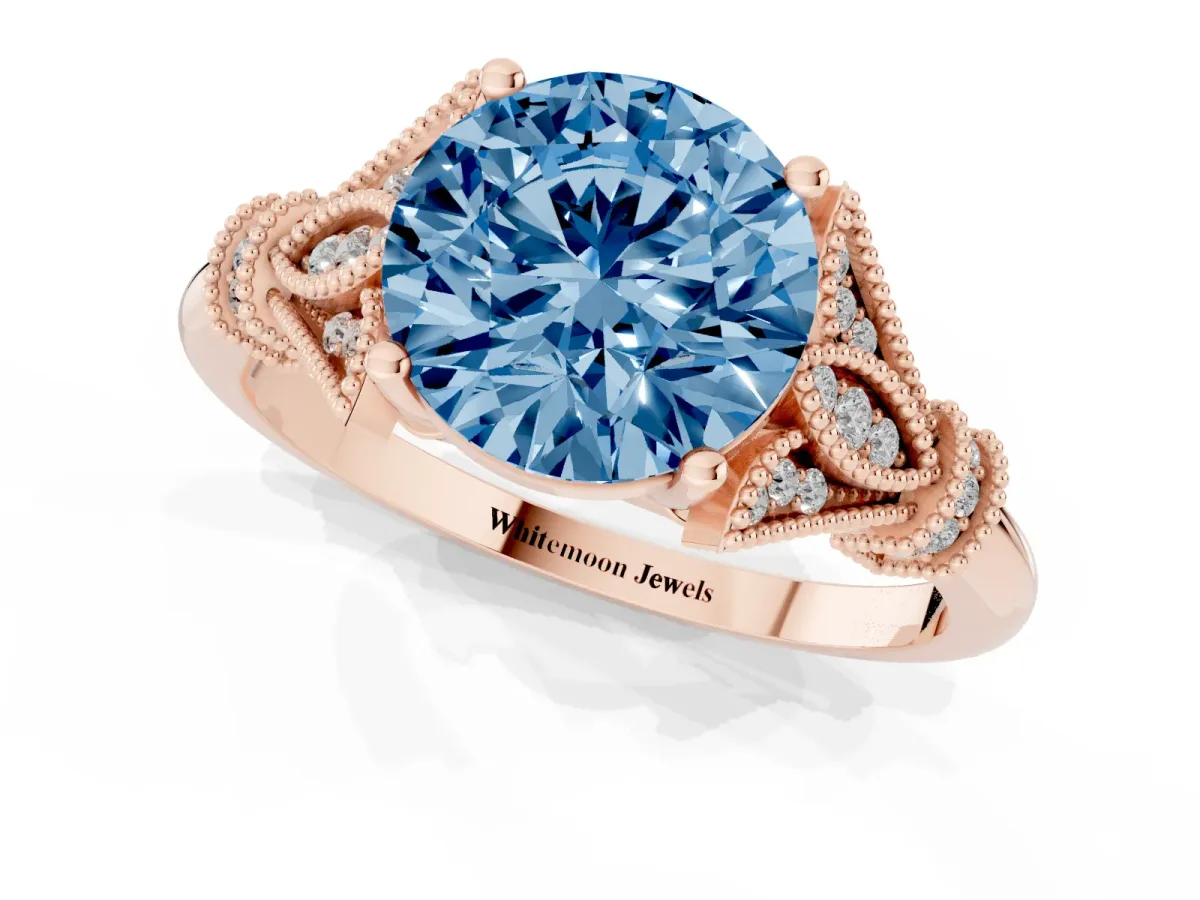 Fancy Blue Round Cut Diamond Solitaire Ring with Floral Filigree and Pave Accents Rose gold