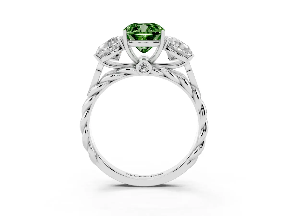 Fancy Green Three-Stone Cushion Cut Diamond Braided Band Ring with Four-Prong Setting Silver